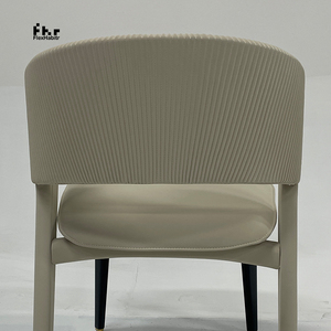 Modern Beige PU Leather Dining <b>Chair</b> Vertical Ribbed <b>Back</b> Gold Accent Upholstered for Restaurant Hotel - Product Image 2