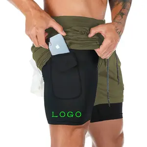 QIANYING-pantalones cortos de gimnasio para hombre, ropa deportiva de doble capa de secado rápido con bolsillo, para correr y hacer ejercicio
