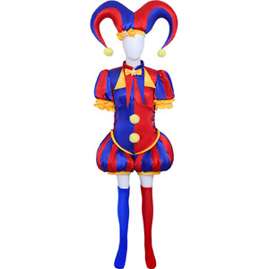 Costume de cosplay Harley Quinn, tenue de bouffon rouge et bleue, costume d'Halloween pour adulte, ensemble complet rayé - Product Image 1