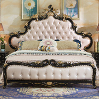 Lit double princesse en chêne massif européen, mobilier de chambre à coucher de luxe américain avec sculpture en cuir véritable, ensemble de luxe exclusif