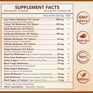 Complément en capsules de mélange d'extraits de champignons <span class=keywords><strong>Lion</strong></span>'s Mane, Reishi, Cordyceps, Turkey Tail et Chaga, végétalien, 14-en-1, marque privée - Product Image 6