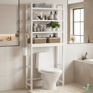Étagère de rangement pour salle de bain en bambou, finition blanche, style décontracté, 4 niveaux ouverts avec crochets latéraux - Product Image 5