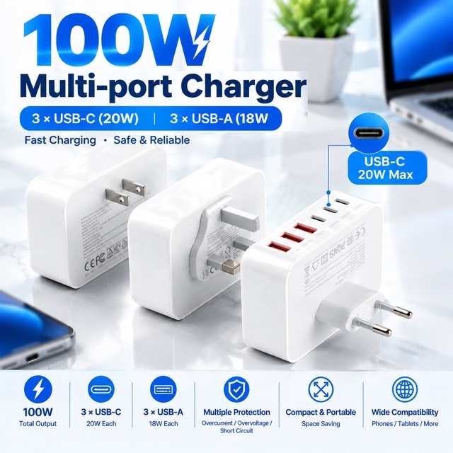 HNT 100W 3A+3C Charger PD+QC3.0 Multiport USB Type C Fast Charging US/EU/UK/JP Plug for iPhone 17 16 15 14 Pro Max Charge