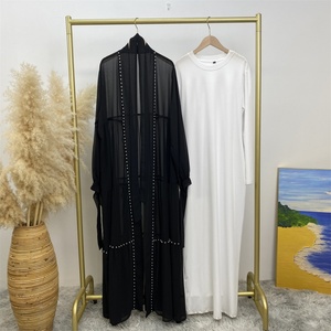 Summer Lightweight Chiffon Open Abaya Set with White Pearls Tie Belt Long Sleeve Dubai Abayas 5 Colors (1964+6435) - Product Image 3