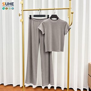 Ensemble de détente 2 pièces SUHE pour femme en soie modale, haut à manches courtes et pantalon large, noir uni, vêtements de nuit décontractés, taille élastique, confortable - Product Image 3