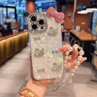 Coque de téléphone de luxe coréenne pour femme avec strass, cygne, papillon, nœud papillon et chaîne de perles pour iPhone 17 Pro Max, 16, 15, 14 Plus, 13