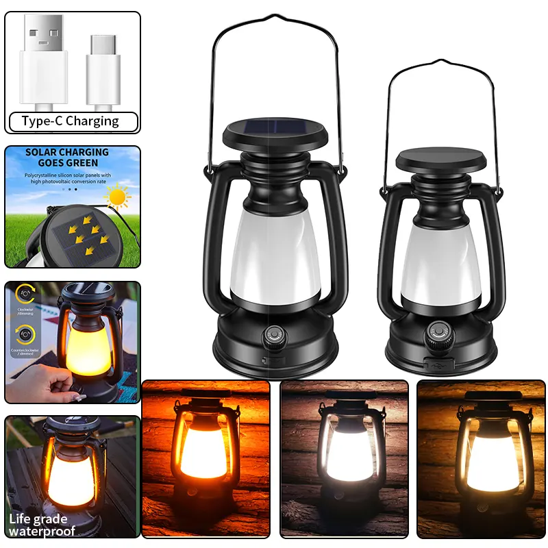 USB Rechargeable Camping Lantern Stepless Dimming of Cold and Warm Light Outdoor Tent Lamp Portable Lamp with Solar Charging