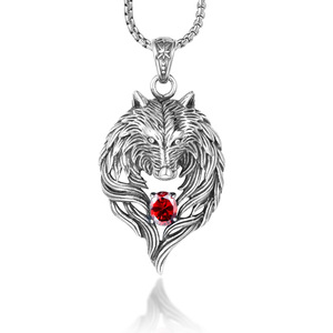 Collar con colgante de lobo estilo tibetano, tono plateado, piedra roja, amuleto del zodiaco animal, regalo, joyería SP718 - Product Image 1