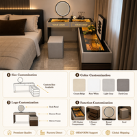 Coiffeuse moderne en chêne en forme de L avec éclairage LED, rangement multi-niveaux, miroir et 3 tiroirs pour chambre à coucher