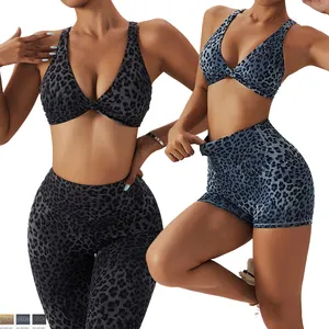 Conjunto de leopardo feminino personalizado, leggings esportivas sem costura, para treino, compressão, yoga, academia