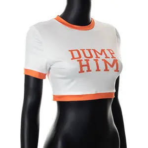 女性プリント半袖Tシャツオレンジホワイトコントラストカラークロップトップラウンドネックトップ