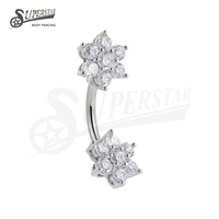 SUPERSTAR Anneau de nombril en acier inoxydable 316L hypoallergénique avec double fleur en zircon cubique, bijou de piercing corporel personnalisé