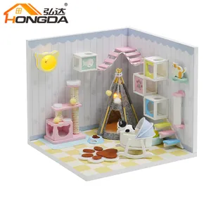 Hongda Mini Bonito Boneca Casa Rosa Gato Pet Room Grande Dollhouse De Madeira