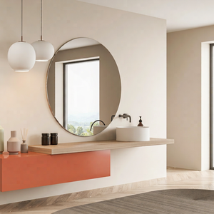 Espejo de pared redondo moderno con calefactor eléctrico, estante metálico y gabinete naranja para baño. - Product Image 1