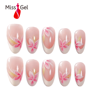 Faux ongles élégants à bout français, motif floral, brillants, forme amande, à presser, <span class=keywords><strong>courts</strong></span> - Product Image 1