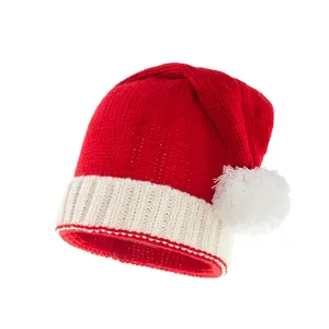 Новогодняя и Рождественская декоративная шапка, жаккардовая шапка Санта, мягкая красно-белая Рождественская вязаная шапка с помпоном
