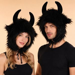 Decoración de Halloween, Gorro de Disfraz de Cabeza de Toro, Color Negro, Peludo, Unisex, Cálido para Invierno, Divertido - Product Image 1