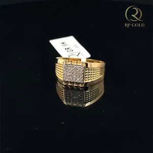 Mens 18K <b>Gold</b> Square Cluster Bold Textured Band Modern Design Elegant Statement Stylish <b>Cocktail</b> Wedding Party Everyday Wear - Product Image 3