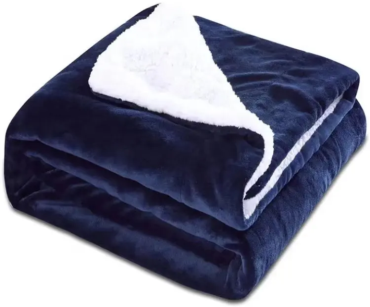 Custom private logo dark blue fleece flannel throw sherpa blankets for winter double layer