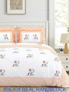Cotton Hand Block Print Bedsheet | Floral Leaf Design <b>King</b> <b>Size</b> Bed <b>Sheet</b> with Pillow Covers - Product Image 3