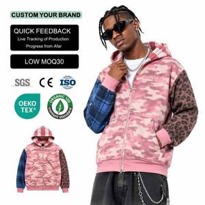 Hot Selling Embroidery 500gsm Woven Cropped Boxy Hoodies Custom Camo Drop Shoulder Men Oversized <b>Zip</b>-Up Hoodie 100% <b>Hooded</b> - Product Image 1