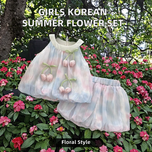 Set Estivo Stile Preppy Coreano per Ragazze, Camicia Senza Maniche in Chiffon Floreale e Pantaloncini con Elegante Stampa Floreale in Poliestere/Cotone - Product Image 2