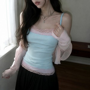 Sweet Mint Green Breathable Eco-Friendly Garment Dyed Patchwork Lace Trim Sleeveless Knit Backless Sexy Women's Spaghetti Front - Product Image 4