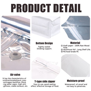 Sachets de café à fond plat avec fermeture éclair, valve refermable, résistants à l'humidité, en aluminium laminé Mylar, impression sérigraphique, qualité alimentaire - Product Image 2