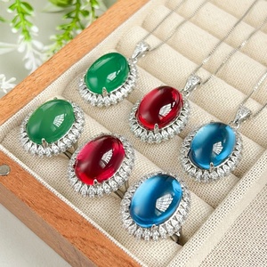 Wholesale Eco-friendly Copper Oval Cut 13*18mm Blood Red Cubic Zirconia Smooth Necklace and Ring Set Vintage Jewelry Set - Product Image 4