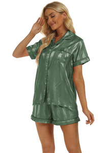 Pyjama 2 pièces en satin soyeux rayé pour femme, haut à <span class=keywords><strong>manches</strong></span> <span class=keywords><strong>courtes</strong></span> et short, taille élastique, respirant et doux, printemps, été, automne - Product Image 6