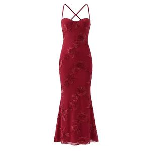 Vestido de Fiesta de Verano para Mujer, Rojo, Vintage, Maxi, Floral, Tejido, Bordado en 3D, Sin Mangas, Corte Ajustado - Product Image 3