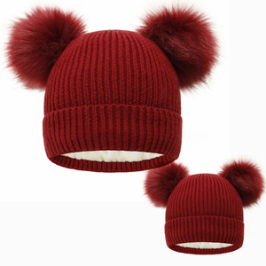 Gorro de invierno para niños, madre, bebé, hija, hijo, gorro de punto cálido, gorro de esquí <span class=keywords><strong>a</strong></span> juego familiar de <span class=keywords><strong>ganchillo</strong></span> con pompón de piel sintética - Product Image 5