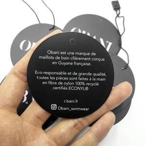 Round Circle black paper hang tags with white printed LOGO for swimwear bikini underwear pants baby clothes labels swing tag - Product Image 3