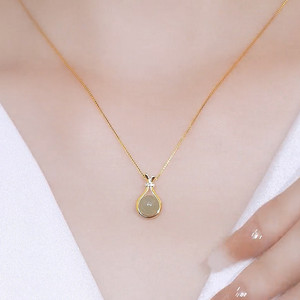 Hetian Jade Pendant Necklace Water Drop Shape Bezel Setting Lucky Bag Design Everyday Wear Clavicle Chain Gold Tone - Product Image 3