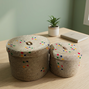 Natural Jute Woven Storage <b>Basket</b> <b>with</b> <b>Lid</b> Round Cotton Rope Organizer for Indoor Balcony Home Decor - Product Image 1