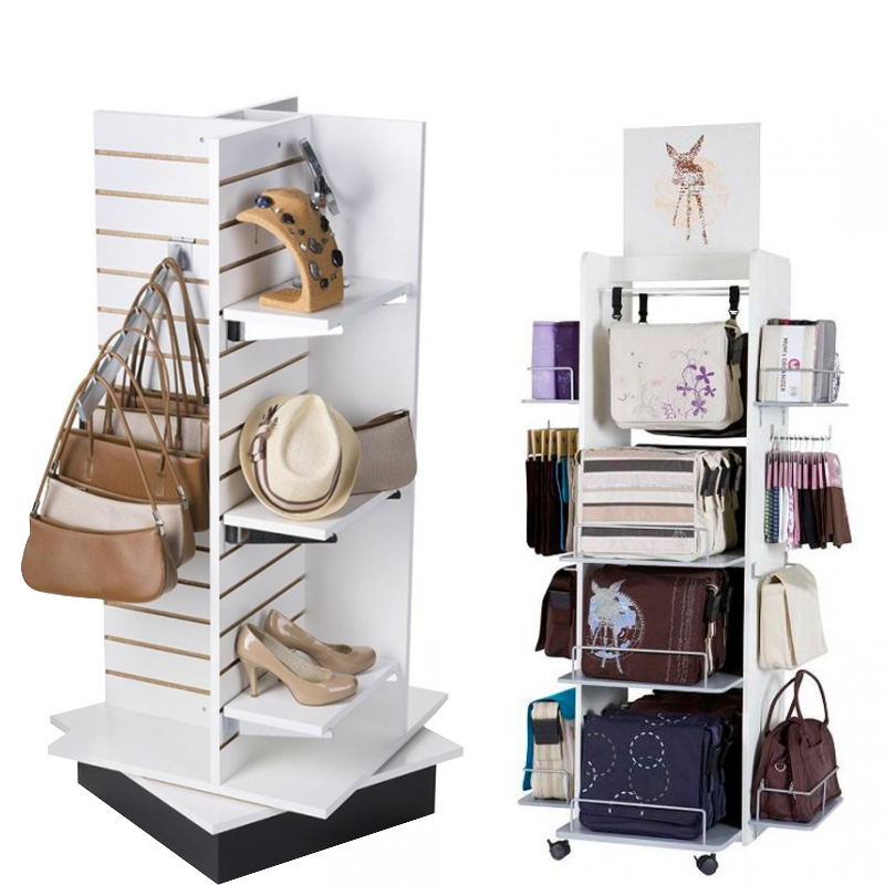 Apache Customizable Double-Sided Light Duty Wooden Floorstanding Handbag Display Stand Rotatable Shelves for Supermarket Use — view 1