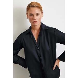 Minimalist Women's Black Poplin Button <b>Down</b> Shirt Everyday Style - Product Image 4