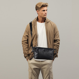 Sac bandoulière en cuir véritable pour homme, fermeture éclair noire, usage quotidien - Product Image 2