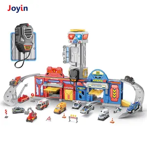 2 In 1 Fire Police 2 Themed Vehicle Play Set Role-Playing Car Handbag-Shaped Parking Lot Toy W/ Alloy Car Lights Music Phone