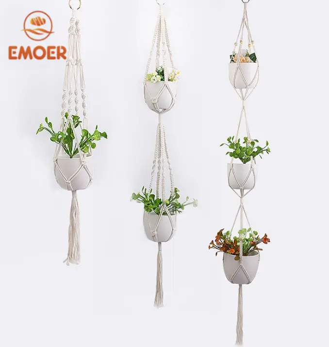 Emoer Vaso de jardinagem com rede de bolso, vaso de algodão feito à mão, corda, cesta suspensa