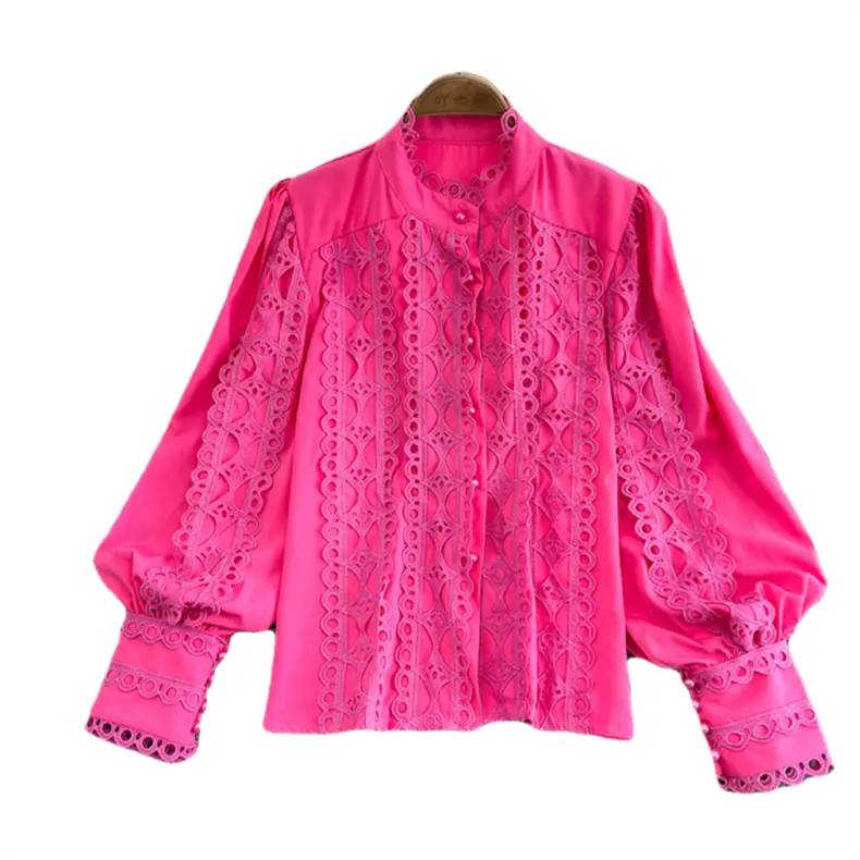 Camicia con ritaglio stile corte colletto alla coreana camicette monopetto da donna Top in pizzo da donna a maniche lunghe allentato