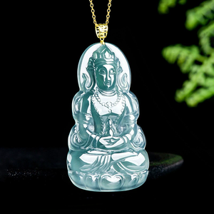 หยกเจไดต์แท้เกรด A พร้อมตัวล็อกทองคำ 18K จี้หยกพระโพธิสัตว์กวนอิมสีน้ำเงิน คุณภาพเยี่ยม - Product Image 4
