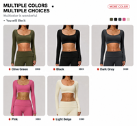 Ensemble de yoga pour femme avec taille pliable, haut court à col rond et manches longues, pantalon large brossé rembourré, contrôle du ventre, effet push-up, séchage rapide