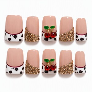 Uñas Postizas Cuadradas Estilo Francés, Uñas de ABS con Diseño de Cerezas y Diamantes de Imitación, Cobertura Completa para Dedos - Product Image 1