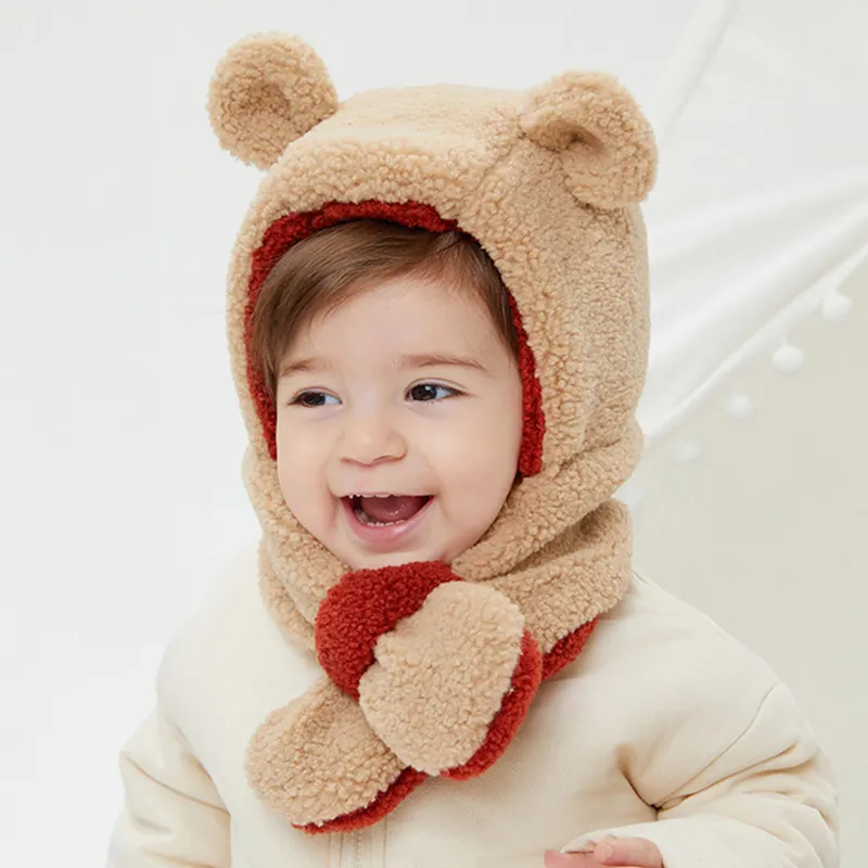 어린이 유아 겨울 따뜻한 만화 퍼지 양털 스카프 비니 모자, 소녀를위한 귀여운 후드 스카프 귀마개