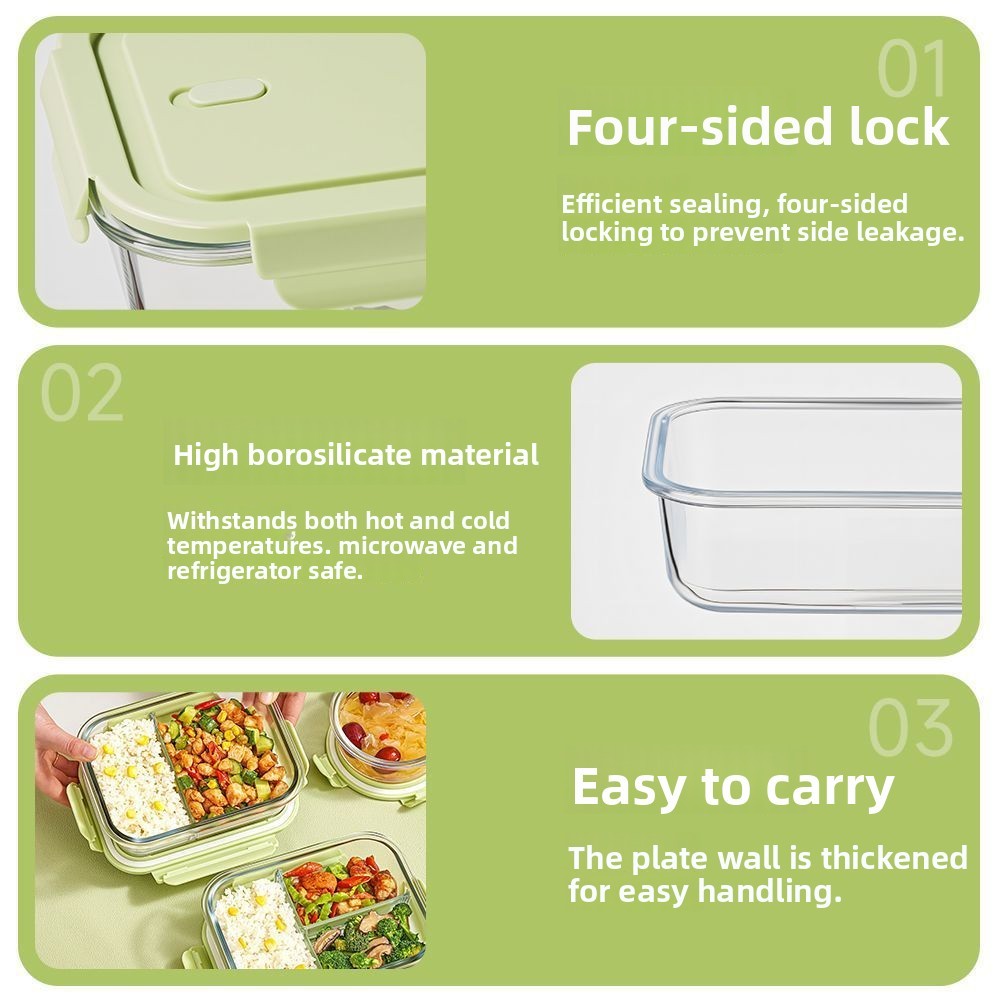 Borosilicate Green Glass Lunch Box Microwaveable Sealed Stackable Food Storage Container for Back to School Minimalist Design view 3