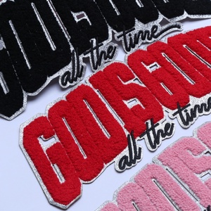 Оптовая продажа: нашивка с вышитыми буквами из синели на заказ, нашивка с логотипом «God Is Good All the Time», пришивная или термоклеевая, для курток, худи, одежды - Product Image 2