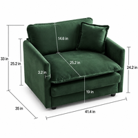 Fauteuil de lecture carré en chenille verte, une place, rembourré avec rembourrage en mousse, assise profonde, pour salon, avec coussin décoratif