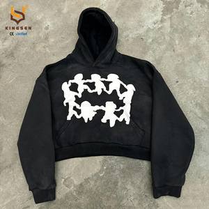 Hoodie personnalisé en gros 100% Coton de luxe, sans cordon, coupe carrée, grammage lourd, oversize, avec impression de lettres et impression en relief, coupe courte - Product Image 1