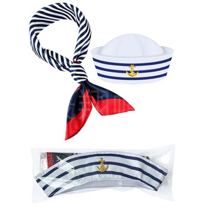 Nueva moda Fiesta blanco yate sombrero venta al por mayor <span class=keywords><strong>marinero</strong></span> personalizado azul <span class=keywords><strong>y</strong></span> blanco rayas capitán sombrero con bufanda <span class=keywords><strong>de</strong></span> seda - Product Image 2
